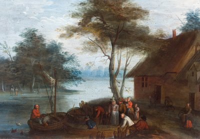 Říční krajina s postavami u budovy nastupujícími do člunů od Jan (follower of) Brueghel
