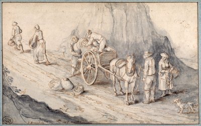 Rolníci nakládají na jednokoňový vozík kořenovou zeleninu (pero a inkoust s mytím na papíře) od Jan (follower of) Brueghel