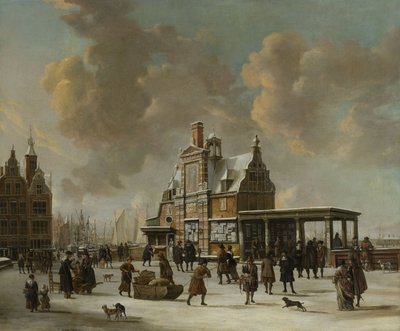 Paalhuis a Nieuwe Brug, Amsterdam, v zimě od Jan Abrahamsz. Beerstraten