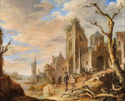 Říční krajina se středověkým městem od Jan Adriansz van Staveren