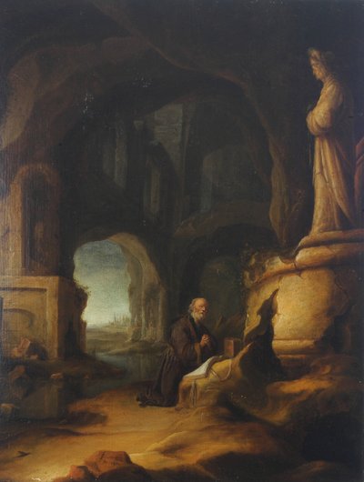 Poustevník při modlitbě v jeskyni s klasickými ruinami od Jan Adriansz van Staveren
