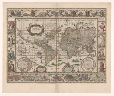Wereldkaart se setkal dekorativně randen Nová geografická a hydrografická mapa celého světa od Jan Aertse van den Ende