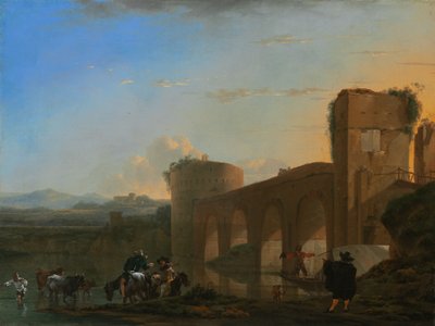 Řeka Tibera s Ponte Molle při západu slunce, c. 1650. od Jan Asselijin