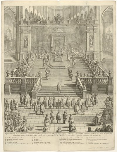 Inhuldiging van keizer Karel VI als graaf van Vlaanderen te Gent, 1717 Zastoupení na slavnostním ceremoniálu Inaugurace jeho císařského a katolického Veličenstva Karla VI. Císař Římanů a 3. král Španělska, jako hrabě Fland od Jan Baptist Berterham