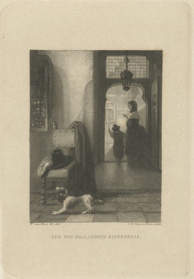 Interiér se psem STARÝ HOLANDSKÝ INTERIÉROVÝ DŮM. (název na objektu) od Jan Baptist Tetar van Elven