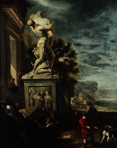Námořní přístav s postavami u klasické sochy od Jan Baptist Weenix