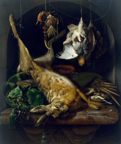 Zátiší s mrtvým zajícem, koroptvemi a jinými ptáky ve výklenku, c.1675 od Jan Baptist Weenix