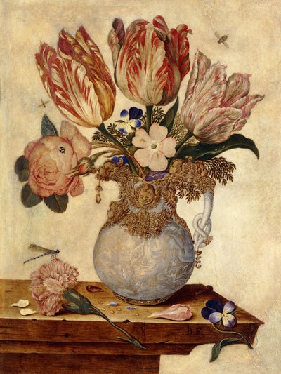 Tulipány, pomněnky, pivoňky a další květiny ve váze na římse, od Jan Baptist van Fornenburgh