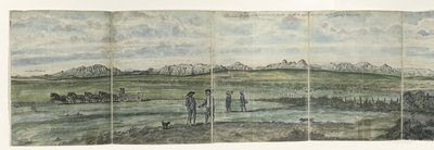 Panorama Hotentots Holandska Kaapsche Bergen od mysu na sever táhnoucí se od Baay fals po Tygerberg napříč. 1787 (název na objektu) od Jan Brandes