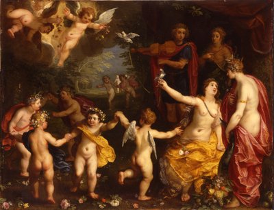 Alegorie lásky: Venuše drží pár upoutaných holubic s Ceres, Apollo a Dianou, obklopeni tančícími putti, v krajině od Jan Brueghel the Elder