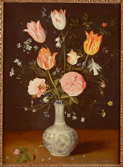 Tulipány, růže, pomněnky a další květiny v pozdně mingské modrobílé váze od Jan Brueghel the Elder