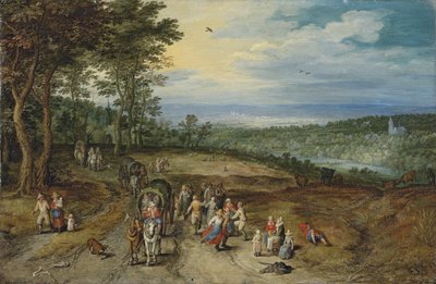Rozsáhlá zalesněná krajina s pocestnými na trati a tančícími rolníky v popředí / Landscape with Travellers and Peasants on a Track (Krajina s pocestnými a rolníky na trati) od Jan Brueghel the Elder