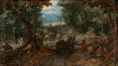 Les s vozy přejíždějícími potok a jezdci na koních od Jan Brueghel the Elder