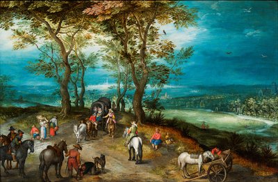 Rozsáhlá krajina s koňským povozem a cestujícími na silnici od Jan Brueghel the Younger