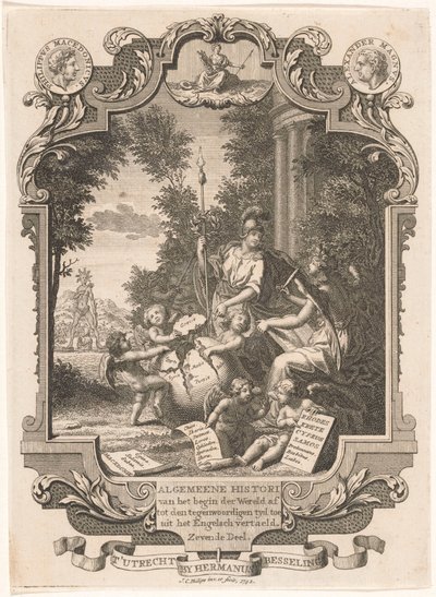 Kartuše s alegorií dějin Řecka Titulní strana pro: Kornelis Westerbaen, Algemeene histori, 1742 od Jan Caspar Philips