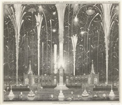 Ohňostroj v Haagu za mír v Cáchách, 1749 Zobrazení ohňostroje, odpáleného v Haagu, 13. června 1749, použitý den Aakensche Vreede / Representation du feu d