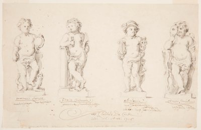 Kresba, Projekty soch: "Moudrost". "Stálost." "Výřečnost." "Převlečený Amor", 1726. od Jan Claudius de Cock