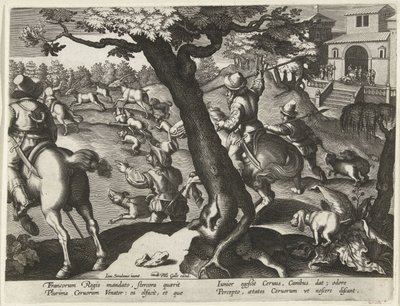 Hertenjacht se setkal s hondenem Jachttaferelen (název série) Lov divoké zvěře, drůbeže a ryb v Bestiáři (název série) od Jan Collaert (II) (attributed to)