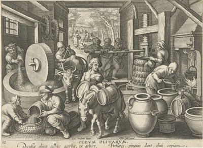 lis na olivy Olevm Olivarvm (titul na objektu) Nové vynálezy a objevy (název série) Nova Reperta (název seriálu) od Jan Collaert (II) (attributed to)