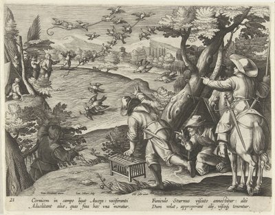 Jacht op kraaien en spreeuwen Jachttaferelen (název série) Lov divoké zvěře, drůbeže a ryb v Bestiáři (název série) od Jan Collaert (II)