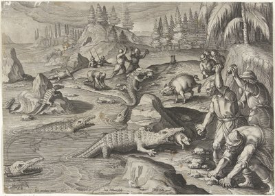Krokodillenvangst Jachttaferelen (název série) Lov divoké zvěře, drůbeže a ryb v Bestiáři (název série) od Jan Collaert (II)