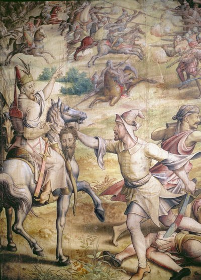 Tažení císaře Karla V. 1500-58 proti Turkům u Tunisu v roce 1535: Dobytí Goletty, detail pěšáka držícího hlavu bez těla, karikatura pro gobelínový uhel a wc na papíře od Jan Cornelisz Vermeyen