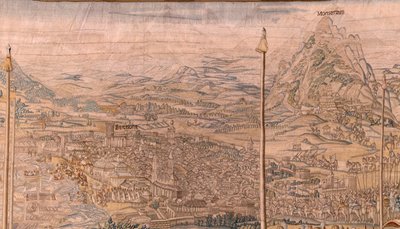 Vlámský gobelín. série Dobytí Tunisu; Recenze jednotek v Barceloně (La revista de las tropas en Barcelona). Druhá tapisérie v sérii. Model Jan Vermeyen a Pieter Coecke van Aelst. 1543-1548. Výroba Real Fábrica de Tapices de Sant od Jan Cornelisz Vermeyen