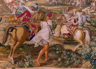 Vlámský gobelín. Seriál Dobytí Tunisu. Útok na La Goleta (Ataque a la Goleta). Čtvrtá tapisérie v sérii. Model Jan Vermeyen a Pieter Coecke van Aelst. 1543-1548. Výroba Real Fábrica de Tapices de Santa Bárbara, Madrid od Jan Cornelisz Vermeyen