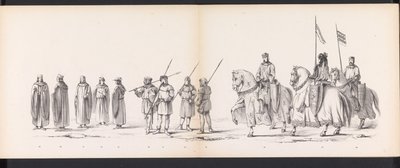 Maskerade van de Leidse studenten, 1865 (plaat 3) Gecostumeerde optogt gehouden door de leden van het Leidsche studenten-corps den 6den Junij 1865, ter viering van den 290sten verjaardag der Leidsche Hoogeschool, voorstellende: de intogt der Hollanders bi  od Jan Daniël Cornelis Carel Willem baron de Constant Rebecque
