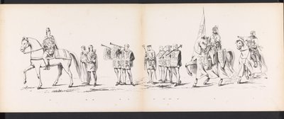 Maškaráda leidenských studentů, 1865 (deska 6) Kostýmovaný průvod členů leidenského studentského sboru 6. června 1865 na oslavu 290. výročí Leidsche Hoogeschool, zobrazující: vstup Nizozemců v r. od Jan Daniël Cornelis Carel Willem baron de Constant Rebecque