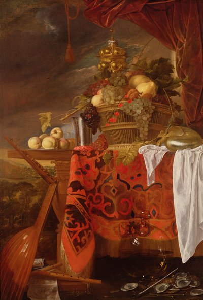 Košík míchaného ovoce se zlaceným pohárem, stříbrným kalichem, nautilem, sklenicí a broskvemi na talíři od Jan Davidsz de Heem