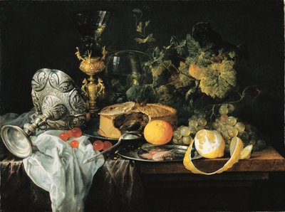 Německy: Nádherné zátiší s ovocem, koláčem a poháry Nádherné zátiší s ovocem, koláčem a poháry, 1651 od Jan Davidsz. de Heem