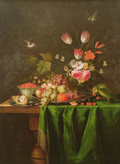 Zátiší z ovoce a květin s papouškem na stole pokrytém zelenou látkou (podrobnosti viz 100412) od Jan Davidsz de Heem