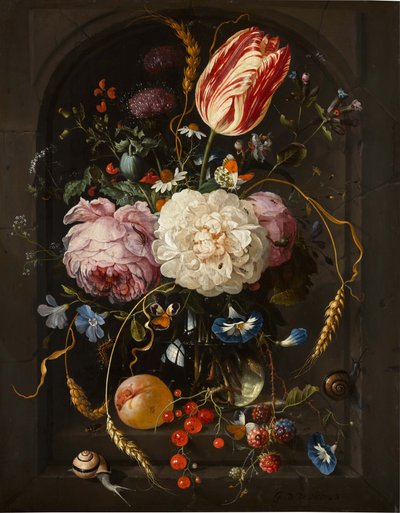 Zátiší květin ve skleněné váze s hmyzem a ovocem v kamenné nice od Jan Davidsz. de Heem
