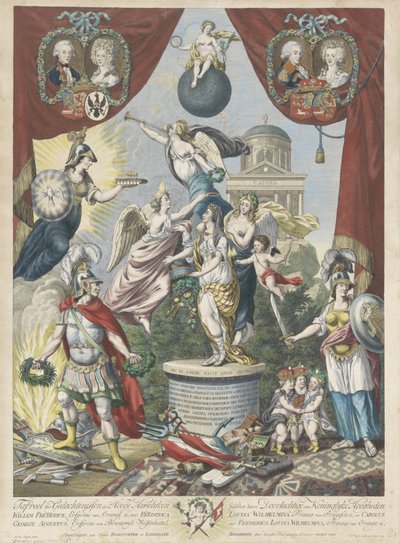 Fráze o manželství syna a dcery Viléma V., 1790-1791 Tabulka pro vzpomínku na vrcholné sňatky mezi (...) Willemem Frederickem, dědičným princem z Orange &, s Frederikou Louisou Wilhelminou, princi van Pruyssen & a Carolus George Aug od Jan Gerritsz. Visser