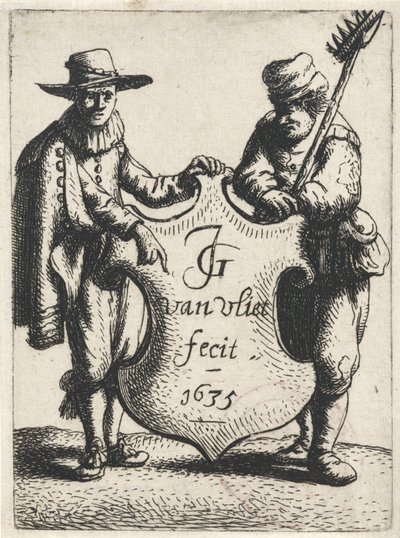 Elegantní muž a kominík poblíž erbu Stálé figury (název série) od Jan Gillisz. van Vliet