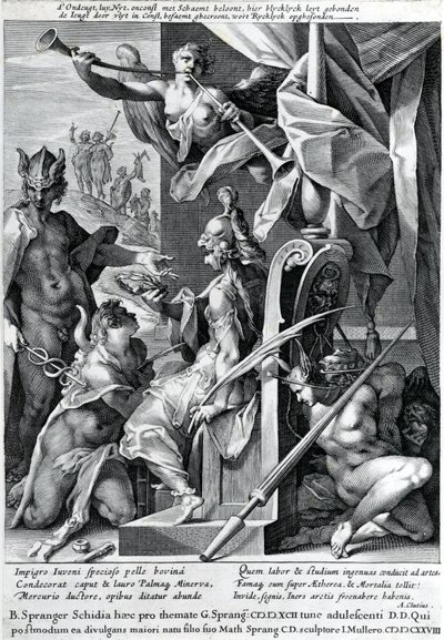 Merkur a Minerva vyzbrojují hrdinu býčí kůží a vavřínovým věncem, 1604 od Jan Harmensz Muller