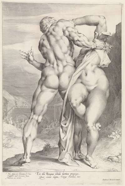 Loupež ženy Sabine, pohled zezadu Loupež Sabine Woman (název série) od Jan Harmensz. Muller