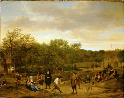 Farmáři hrající kuželky, asi 1650 (olej na dubovém dřevě) od Jan Havicksz. Steen