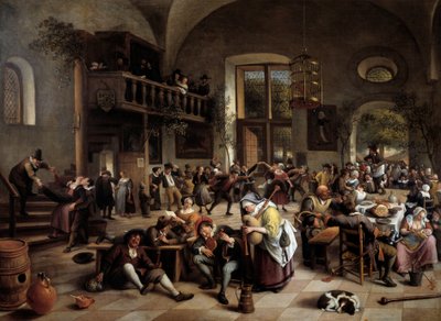 Párty v hostinci Hudebníci, hráči, pijící muži a ženy - Obraz Jana Havicksze (Havicksze) Steena (1626-1679) od Jan Havicksz. Steen