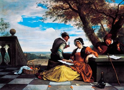 Dva muži a mladá žena dělat hudbu na terase od Jan Havicksz. Steen