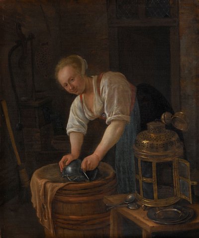 Žena čištění kovového zboží od Jan Havicksz. Steen