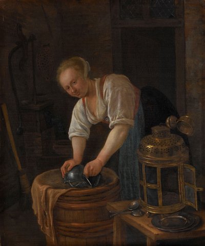 Žena na čištění kovových předmětů, 1650-60 od Jan Havickszoon Steen