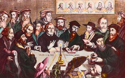 Světlo je umístěno na svícnu - rytina Jana HOUWENSE ukazuje reformátory- John Calvin a Martin Luther Imaginární setkání reformistických vůdců: John Wyclif (nebo Wycliff nebo Wycliffe od Jan Houwens