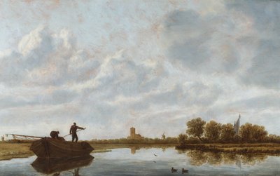 Muži na člunu v říční krajině se vzdáleným kostelem (olej na desce) od Jan Josefsz. van (circle of) Goyen