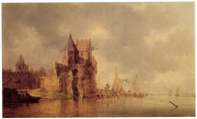 Středověká věž na hradním opevnění s plachetnicemi na molu a veslicí v popředí, kolem roku 1642 (olej na panelu) od Jan Josephsz van Goyen