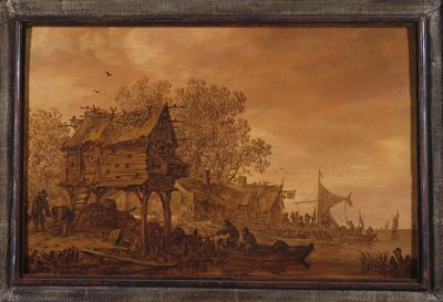 Vesnice na břehu řeky s rolníky na lodi u holubníku, 1651 od Jan Josephsz van Goyen