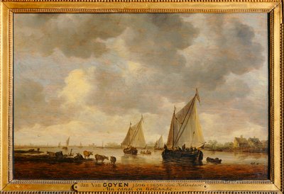 Deux grandes barques à voiles sur un fleuve et bestiaux près de la rive - Dvě velké plachetnice na řece a zvířata na březích ... od Jan Josephsz van Goyen