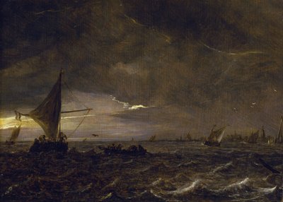 Rybářské lodě v ústí řeky za soumraku s výhledem na město a jeho zvonici na obzoru. Olej na dřevě, Jan van Goyen (1596-1656). od Jan Josephsz van Goyen