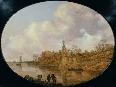 Tři rybáři táhnoucí síť a koše na břehu řeky Krajina s hradem a vesnicí v dálce od Jan Josephsz van Goyen
